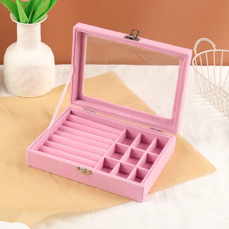 Velvet Glass Ring &amp; Earring Jewelry Display Organizer Box