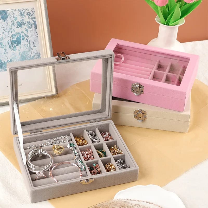 Velvet Glass Ring &amp; Earring Jewelry Display Organizer Box