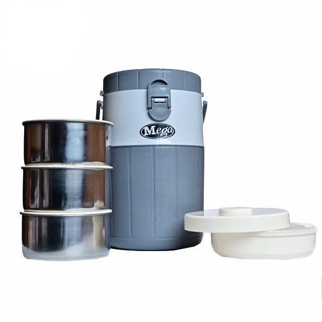 Mega Lunch Carrier &amp; Tiffin – 3 Stainless Steel Bowls with Plastic Salad Bowl