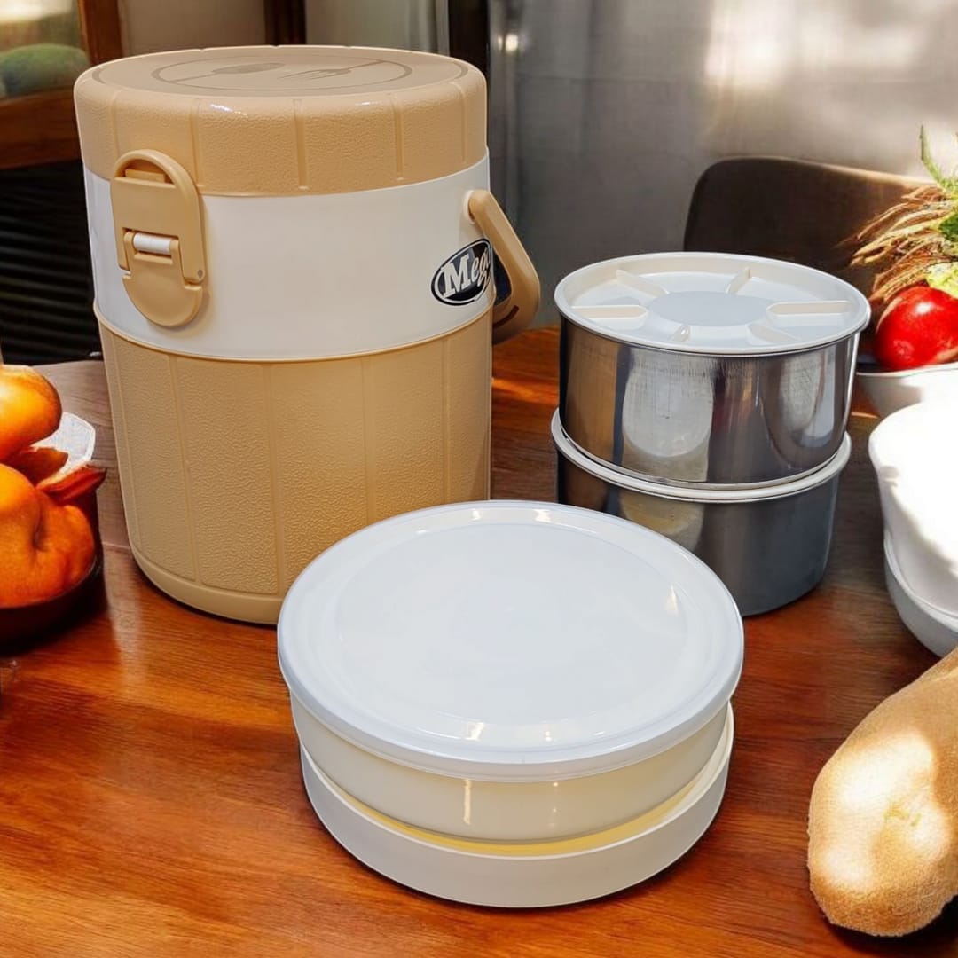 Mega Lunch Carrier &amp; Tiffin – 2 Stainless Steel Bowls with Plastic Salad Bowl