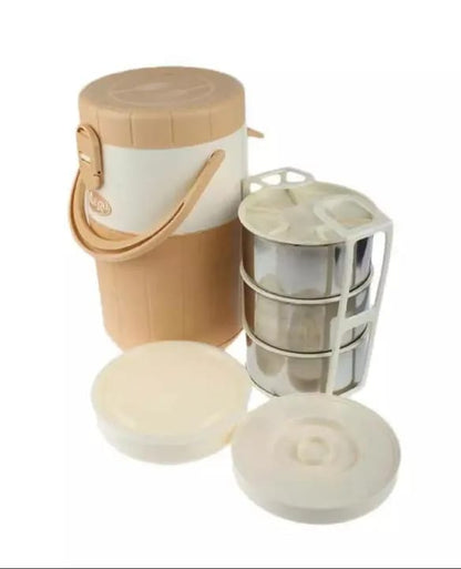 Mega Lunch Carrier &amp; Tiffin – 3 Stainless Steel Bowls with Plastic Salad Bowl