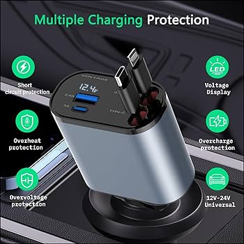 Compro Retractable Car Charger – 4 in 1 Fast Car Phone Charger