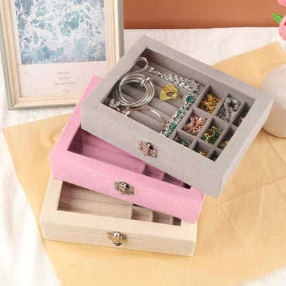 Velvet Glass Ring &amp; Earring Jewelry Display Organizer Box