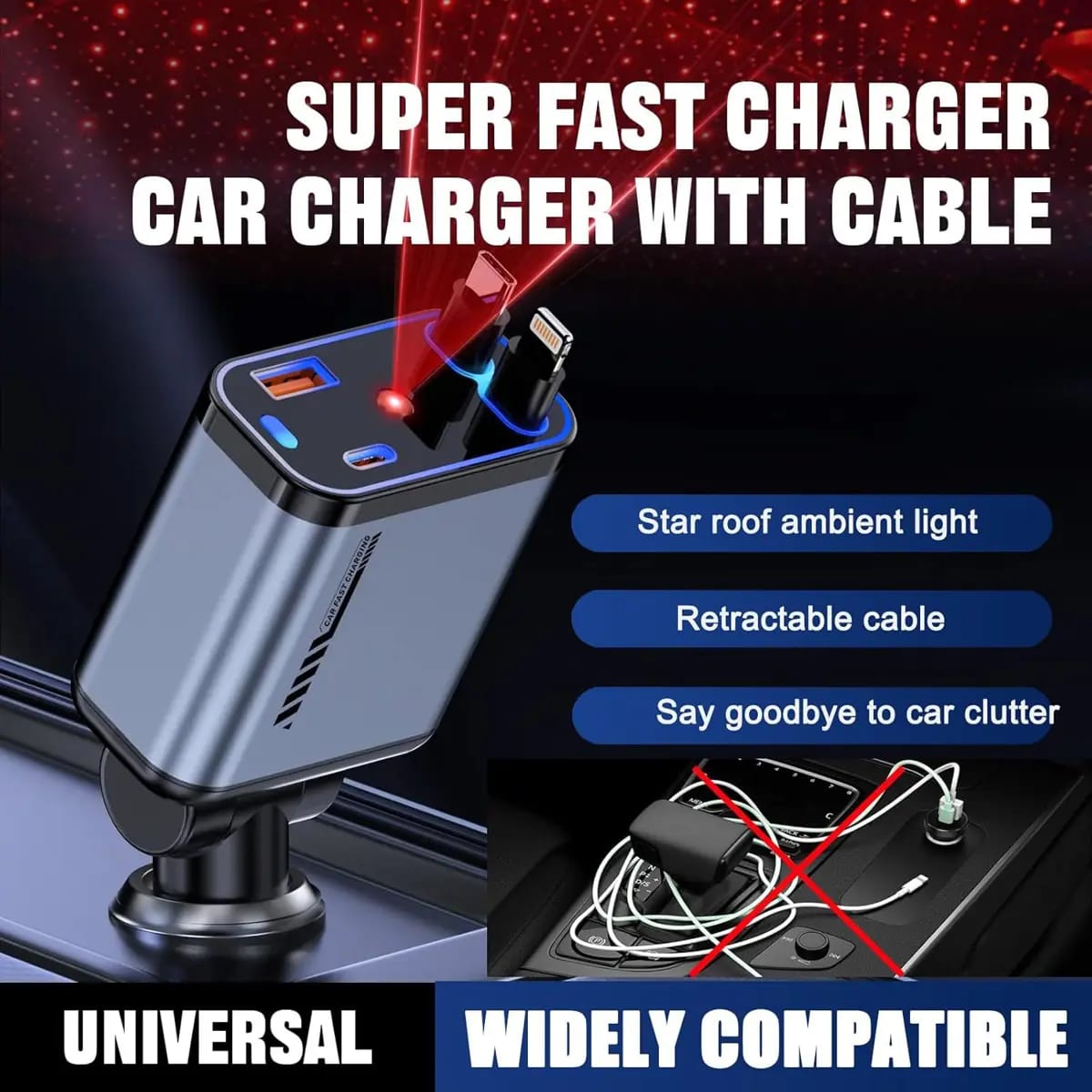Retractable Car Charger with Starlight