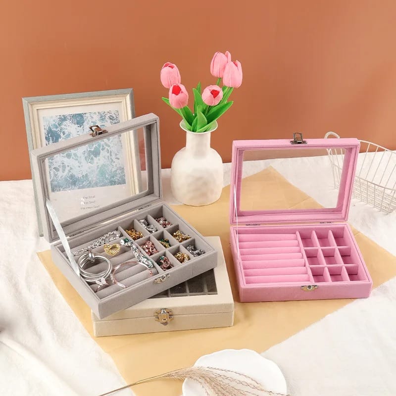 Velvet Glass Ring &amp; Earring Jewelry Display Organizer Box
