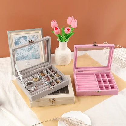 Velvet Glass Ring &amp; Earring Jewelry Display Organizer Box