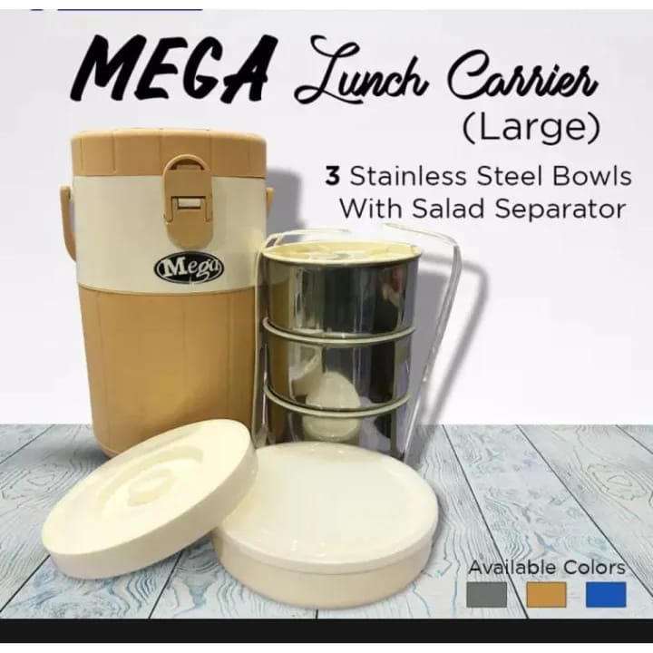 Mega Lunch Carrier &amp; Tiffin – 3 Stainless Steel Bowls with Plastic Salad Bowl