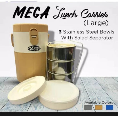Mega Lunch Carrier &amp; Tiffin – 3 Stainless Steel Bowls with Plastic Salad Bowl