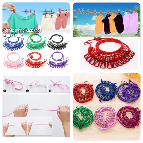 12 Clips Hanging Clothes Line Rope
