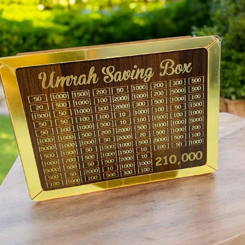 Umrah Saving Box – Elegant Wooden Islamic Money Bank