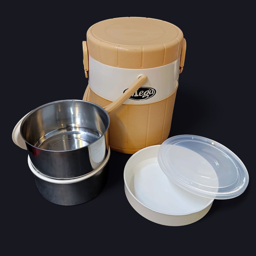 Mega Lunch Carrier &amp; Tiffin – 2 Stainless Steel Bowls with Plastic Salad Bowl